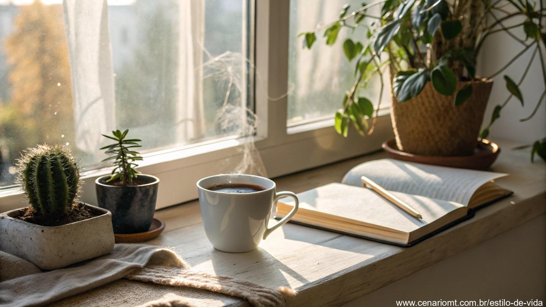 Cenário aconchegante com café e plantas na janela simbolizando reflexão e calma