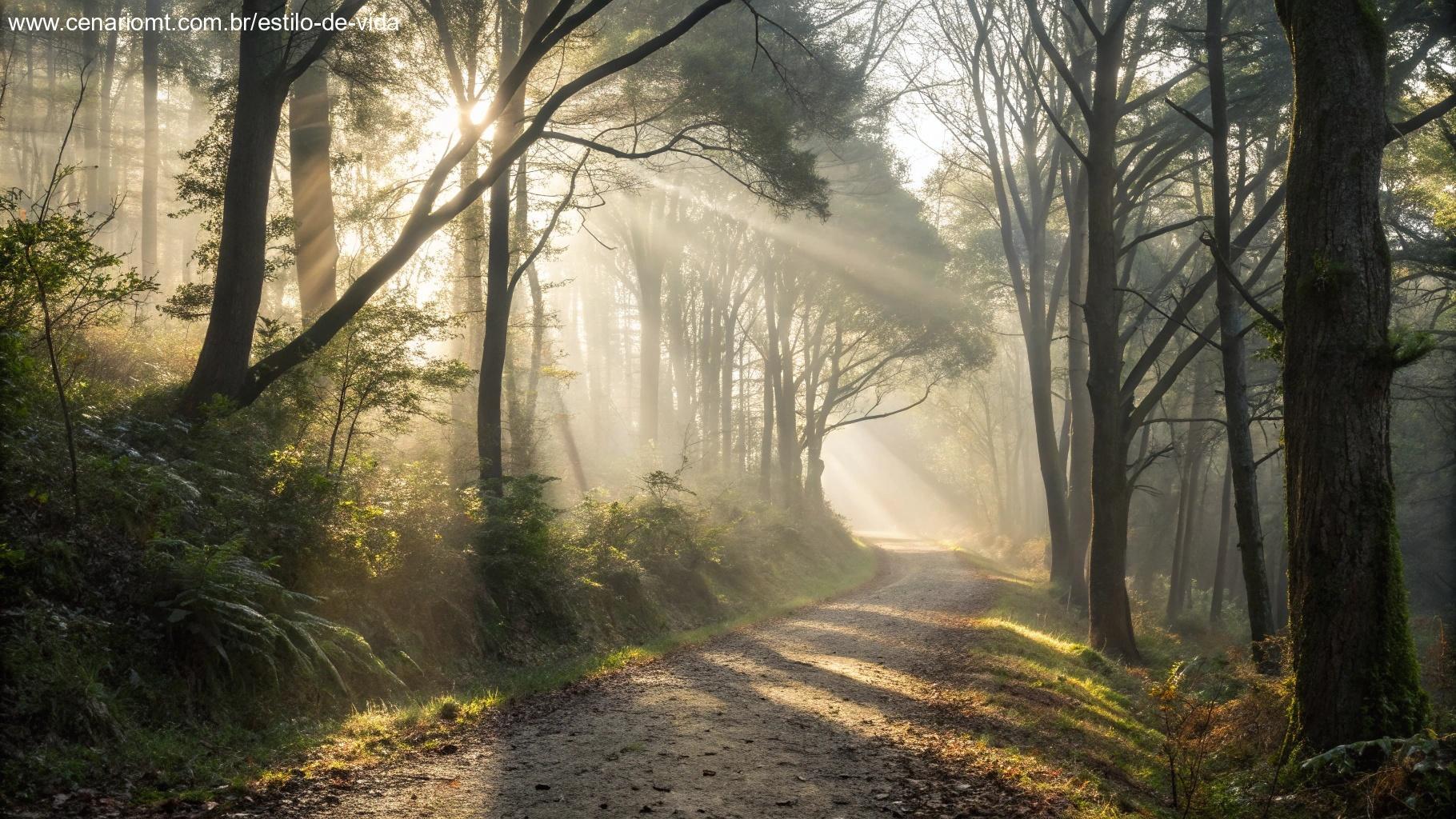 Trilha tranquila na floresta com névoa suave e raios de sol