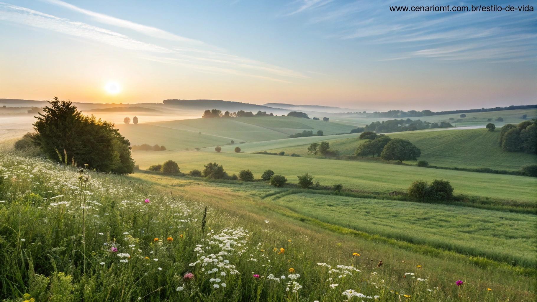 Cena suave e relaxante da natureza representando um começo pacífico para o dia, com campos verdes e flores silvestres.