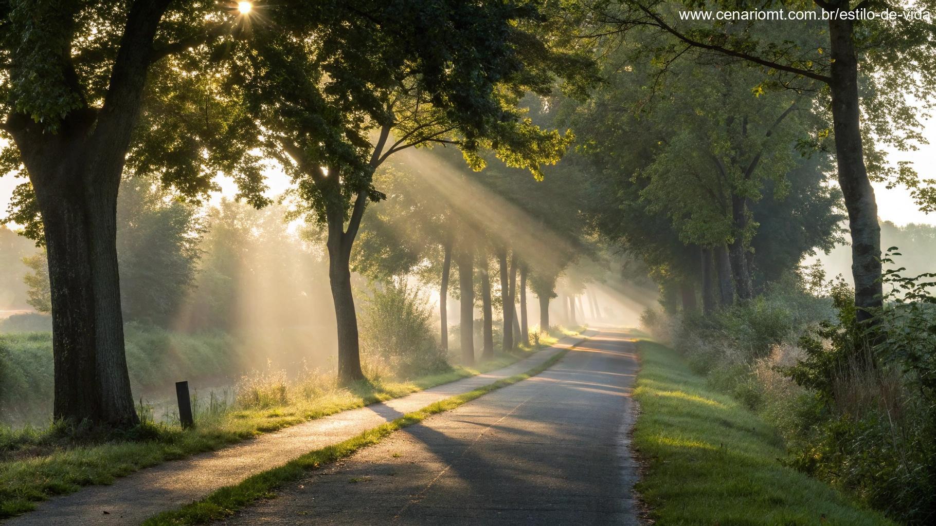 Reflexão tranquila e pacífica de uma manhã de domingo, com a luz suave do sol quebrando entre as árvores, iluminando um caminho tranquilo.