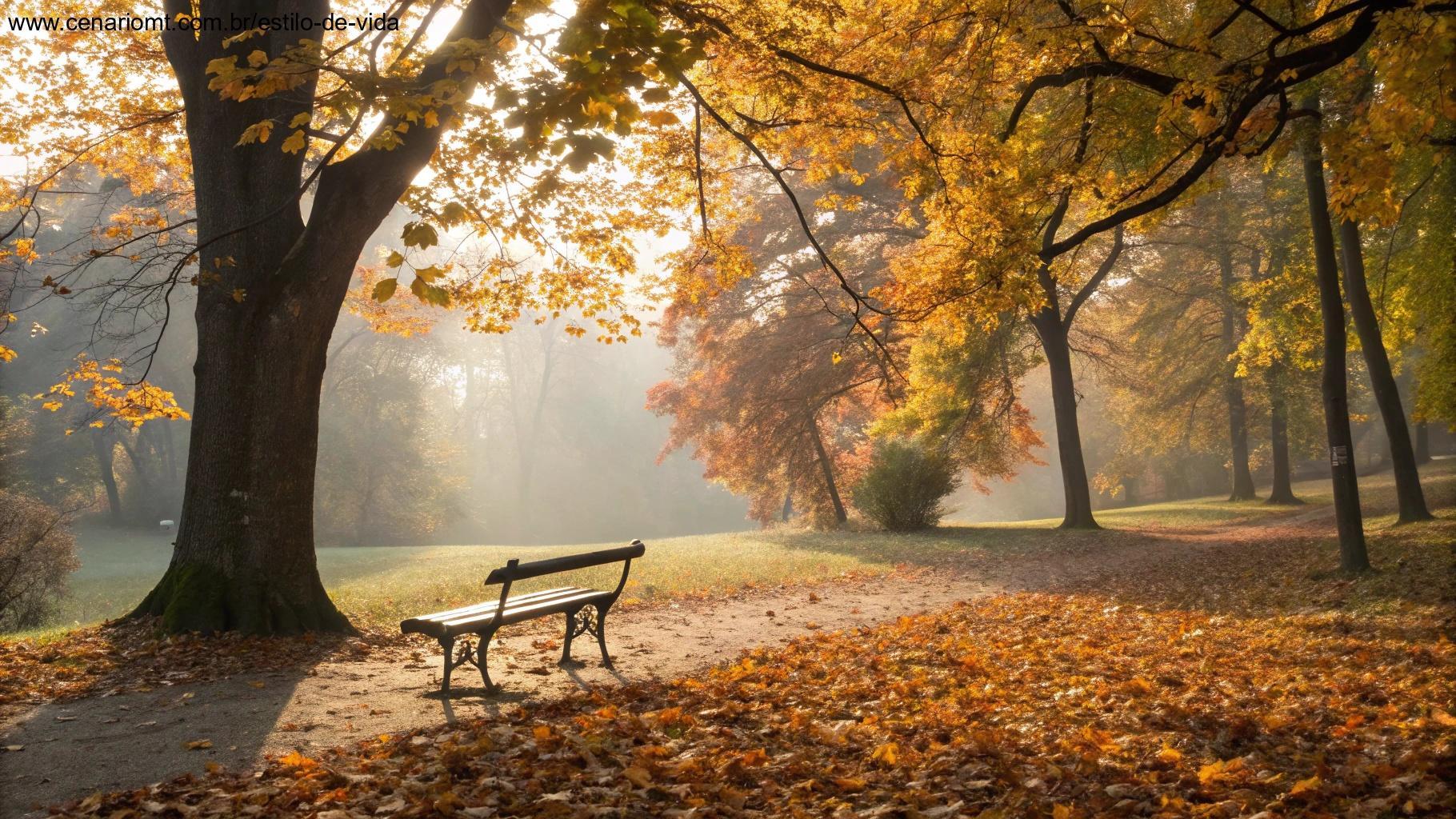 Banco tranquilo em um parque pacífico durante o outono, com folhas caindo e luz suave