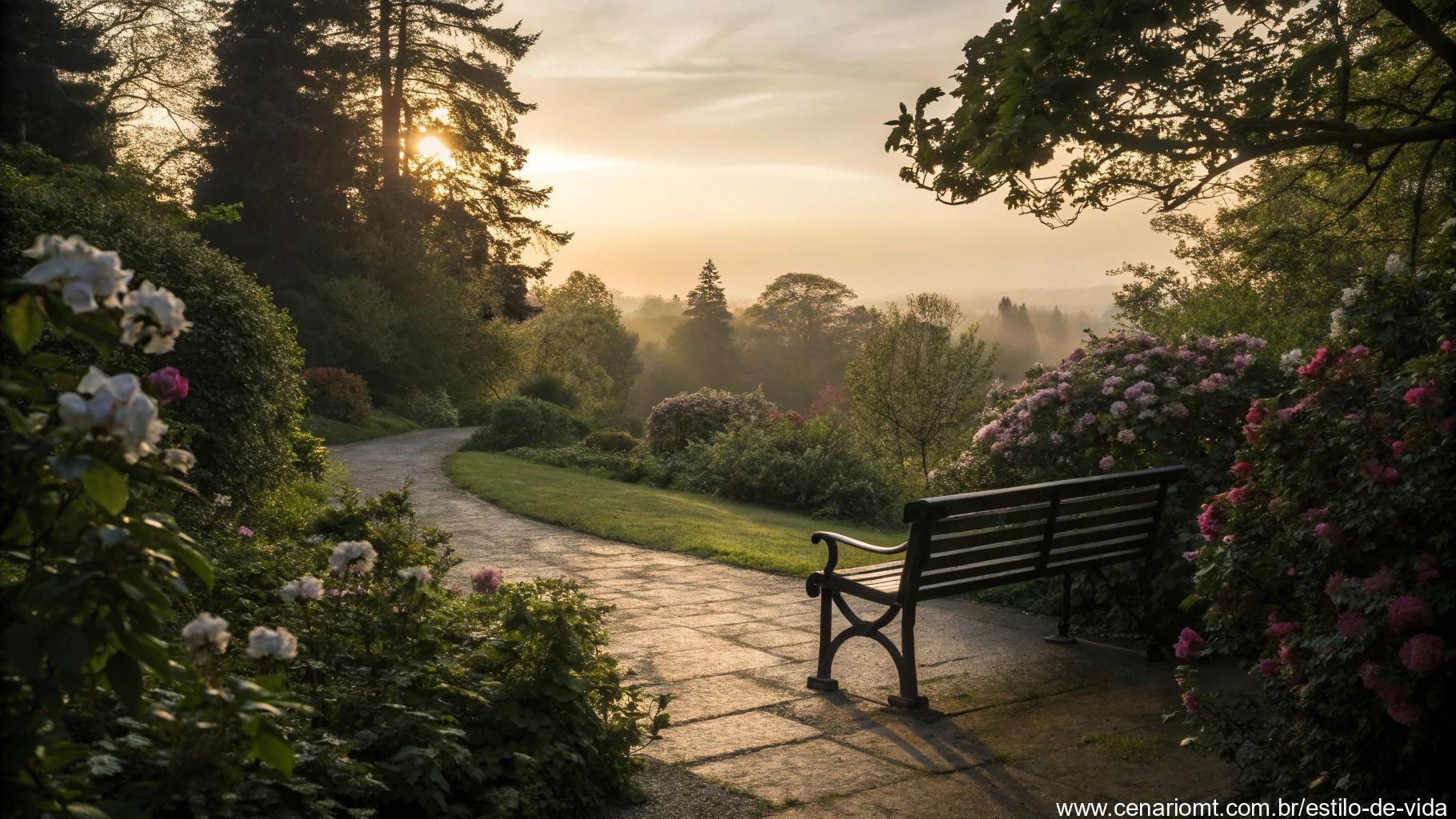 Banco solitário em um jardim tranquilo ao anoitecer, com os últimos raios de sol criando longas sombras