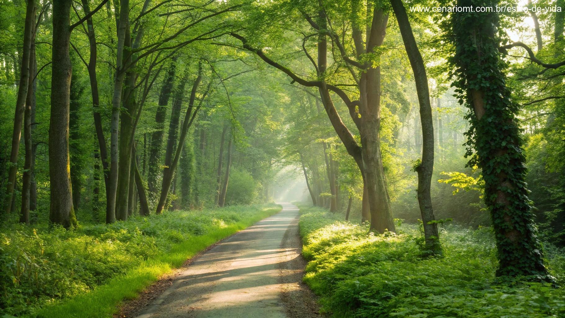 Caminho tranquilo através de uma floresta verdejante com raios de sol atravessando as árvores