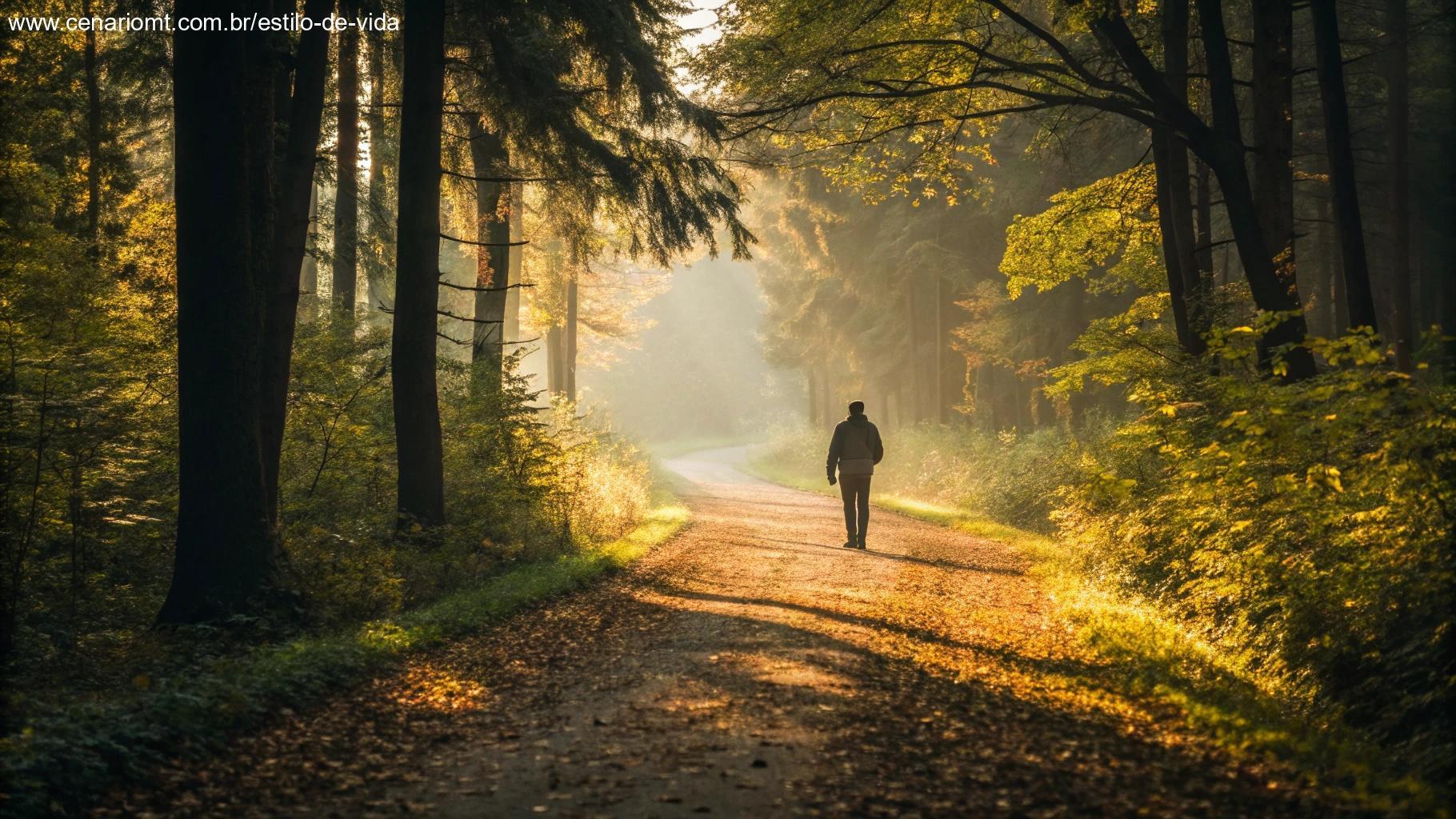 Trilha iluminada no meio da floresta representando momentos de reflexão