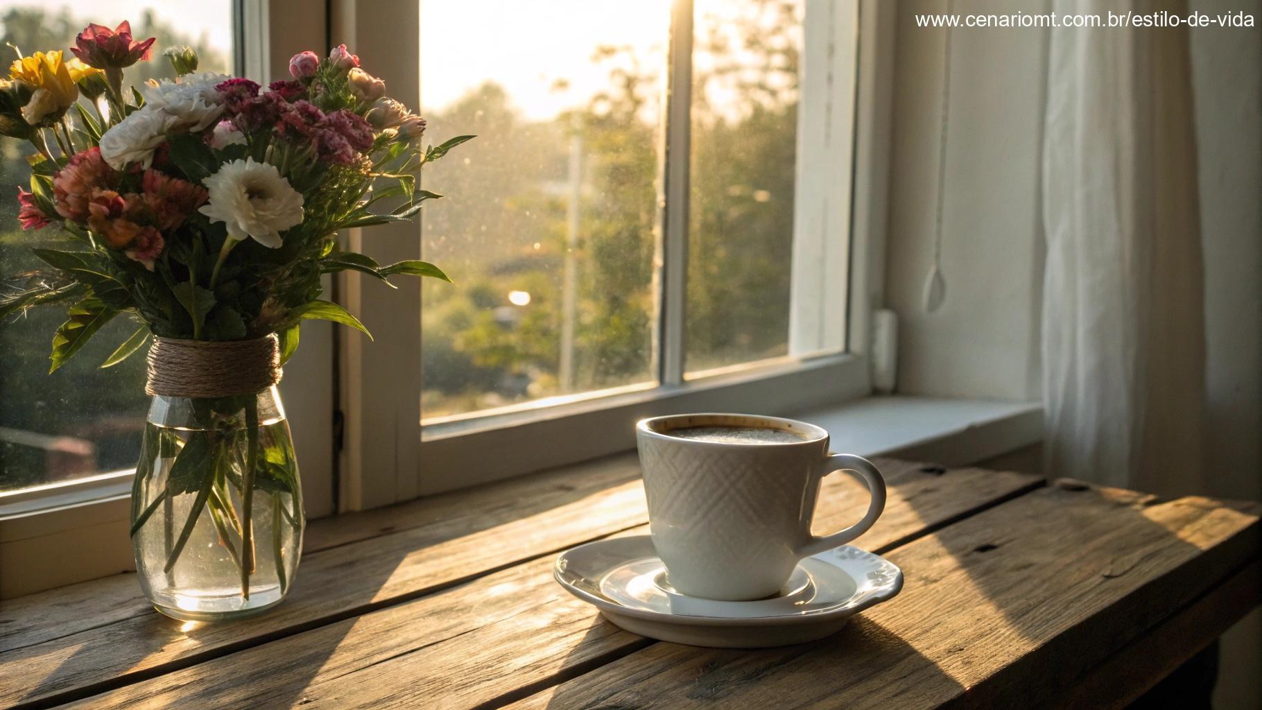Cenário calmo de domingo com xícara de café e flores ao amanhecer