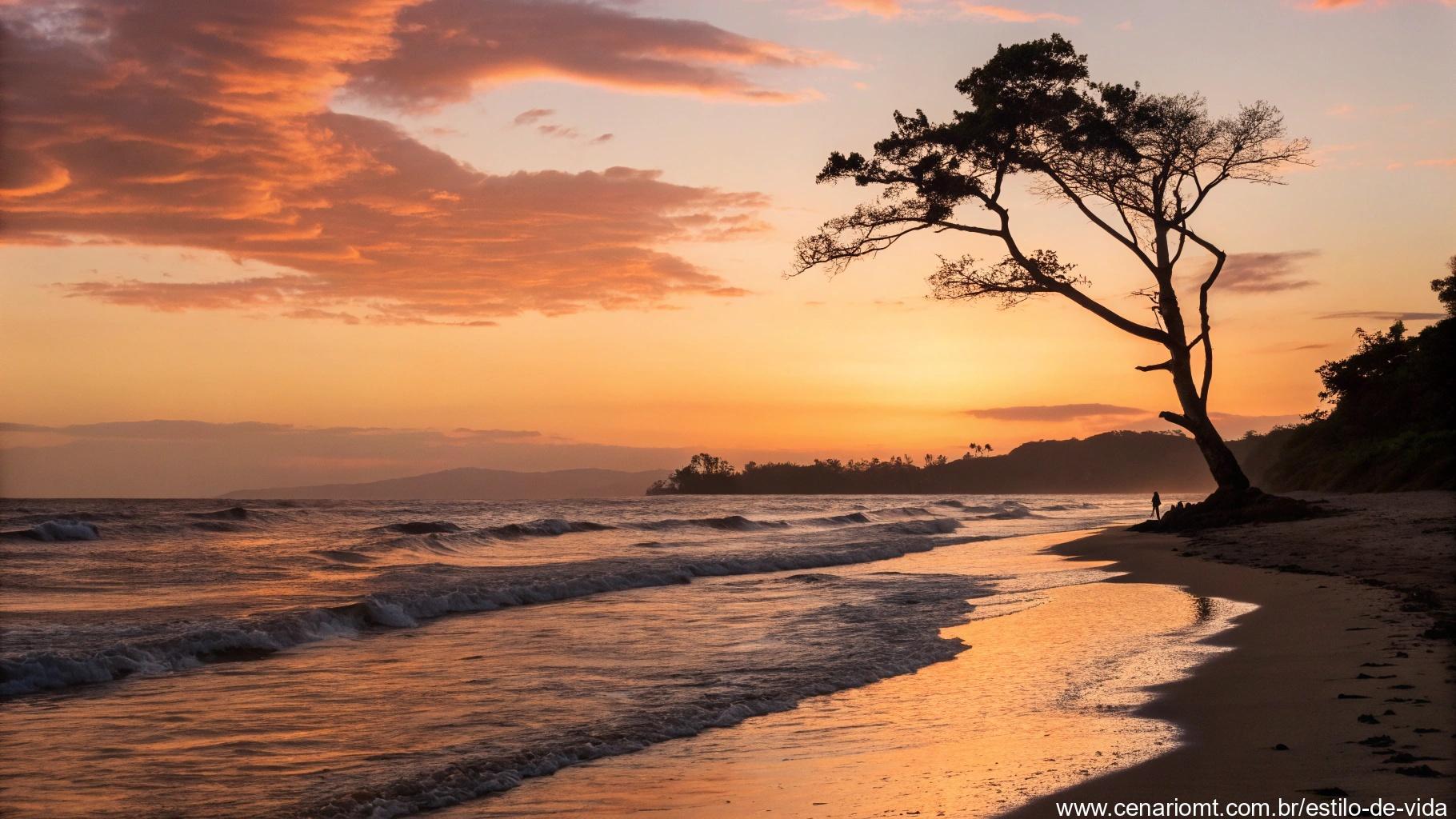 Praia tranquila ao pôr do sol com ondas suaves e uma silhueta de árvore solitária na areia
