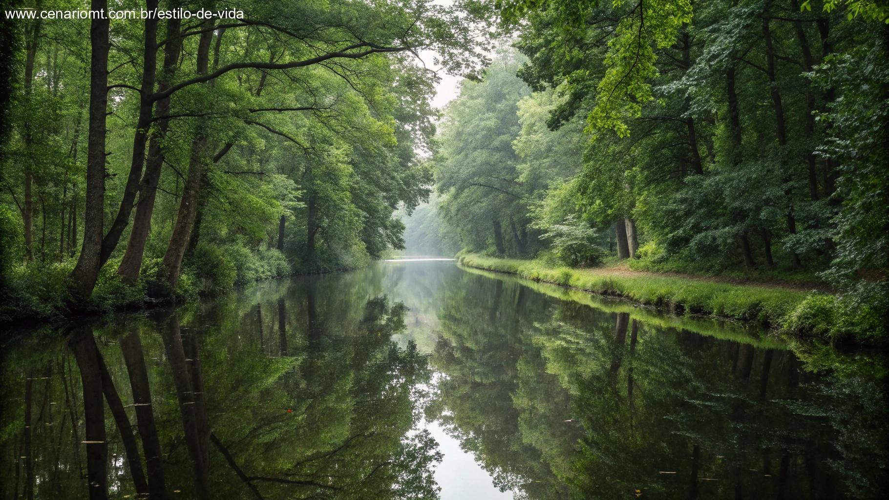 Imagem reflexiva da natureza, como um rio calmo ou uma trilha tranquila na floresta, transmitindo uma sensação de tranquilidade e reflexão para o crescimento espiritual