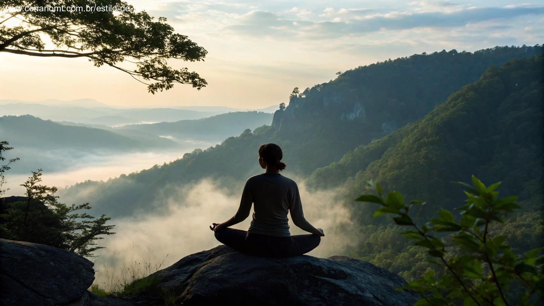 Pessoa meditando no alto da montanha ao amanhecer, simbolizando força espiritual