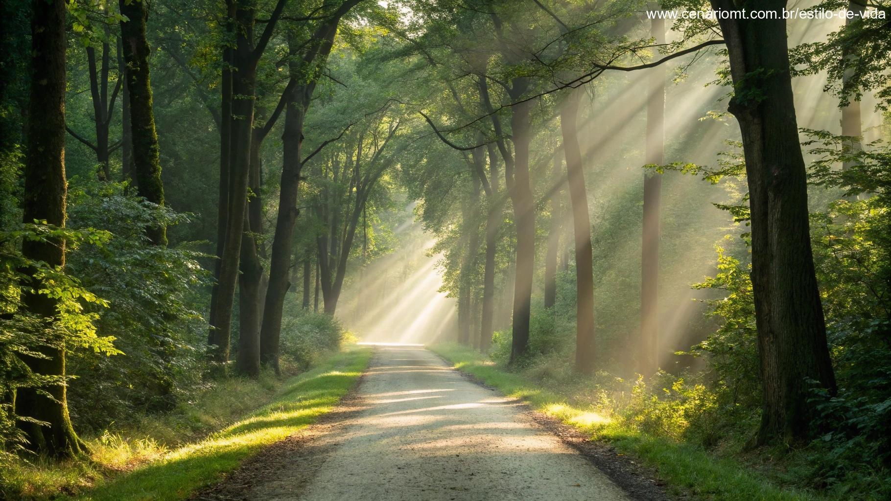 Trilha em floresta serena com luz suave inspirando reflexões para a terça-feira