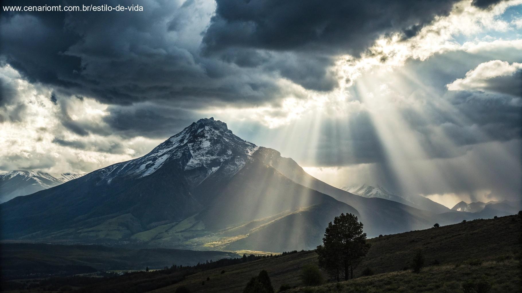 Montanha imponente com céu tempestuoso simbolizando refúgio