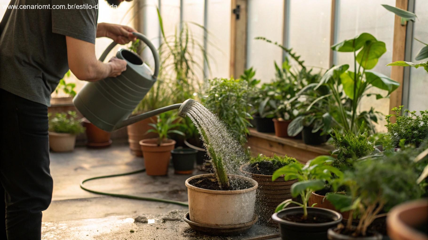 Pessoa regando plantas com equilíbrio