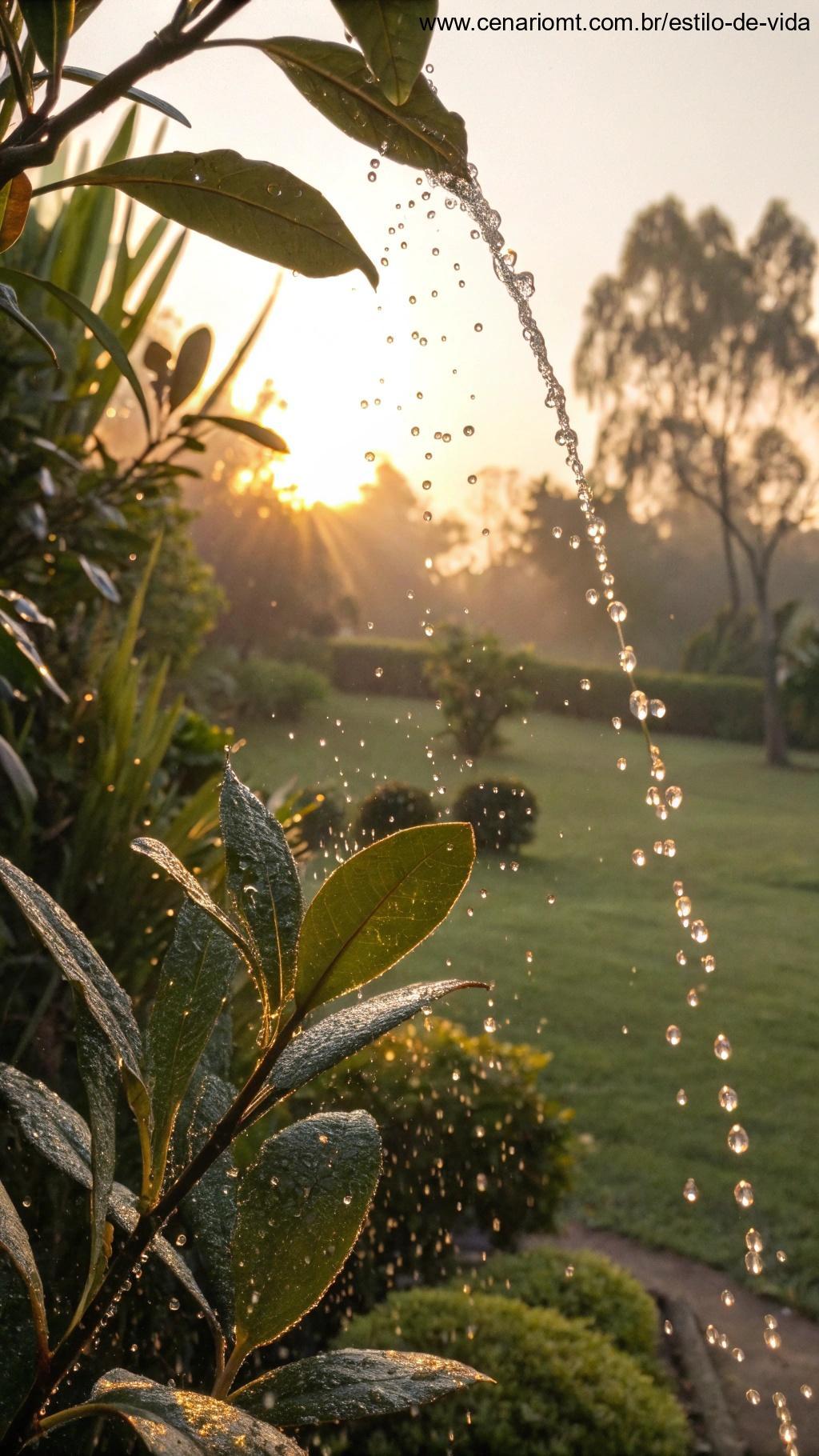Gotas de água caindo suavemente sobre plantas ao pôr do sol