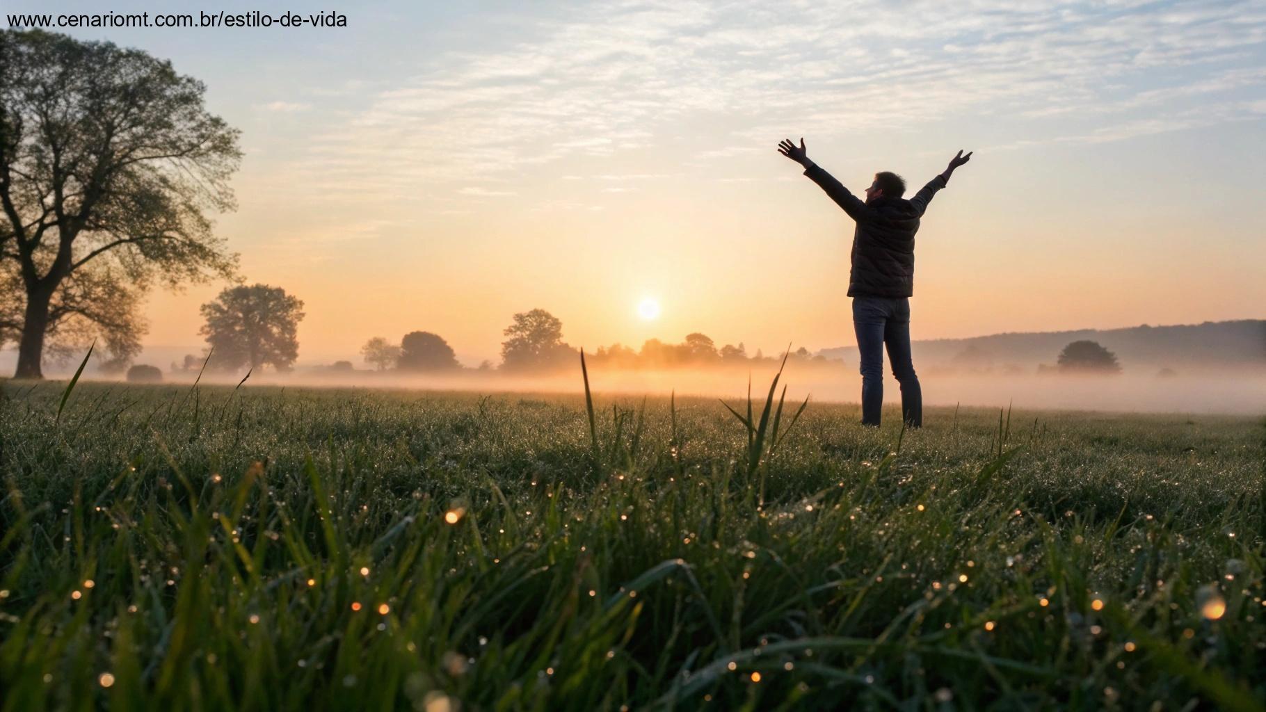 Amanhecer em campo calmo com pessoa expressando gratidão