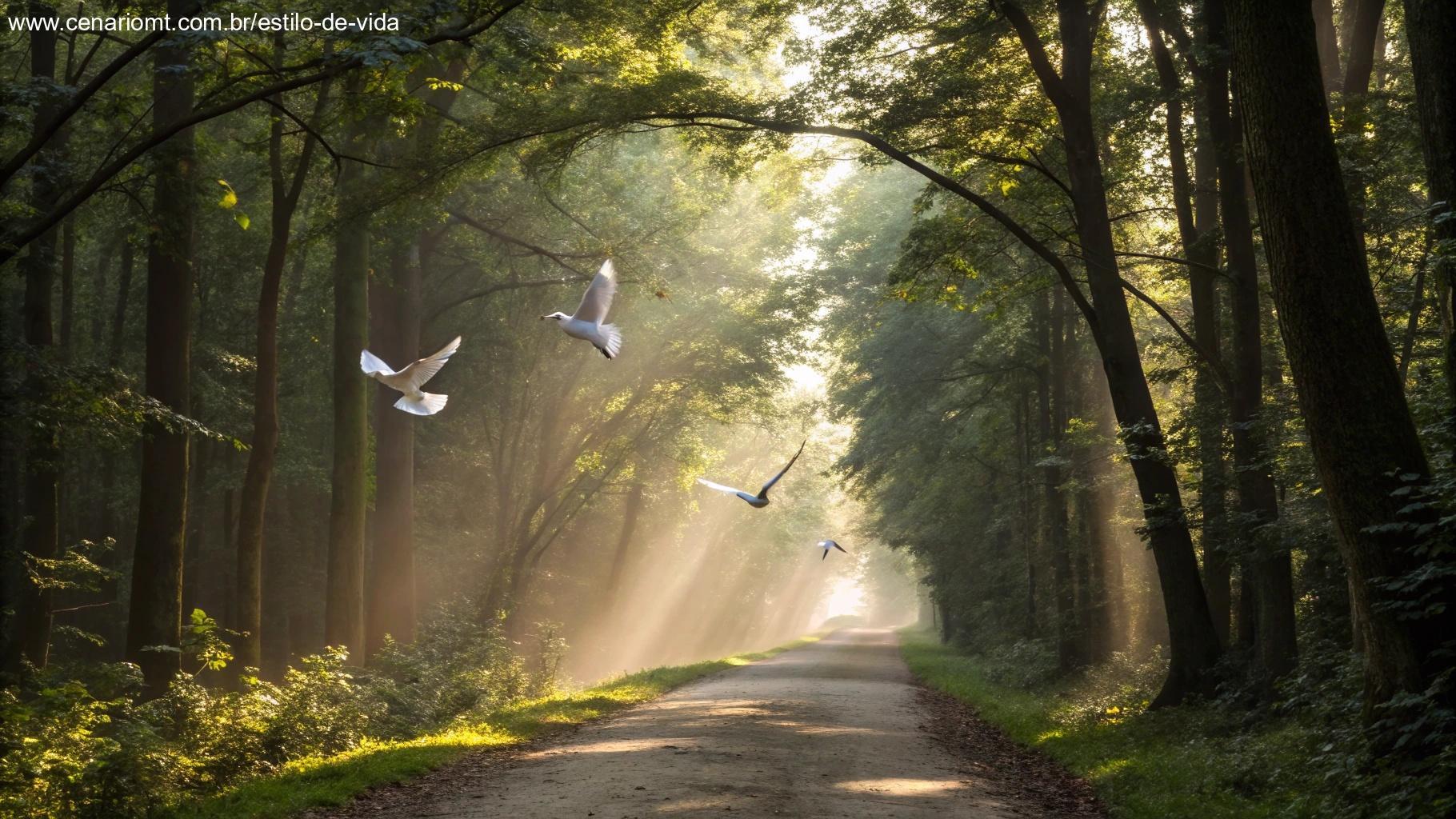 Caminho na floresta iluminado com luz suave e pombas voando