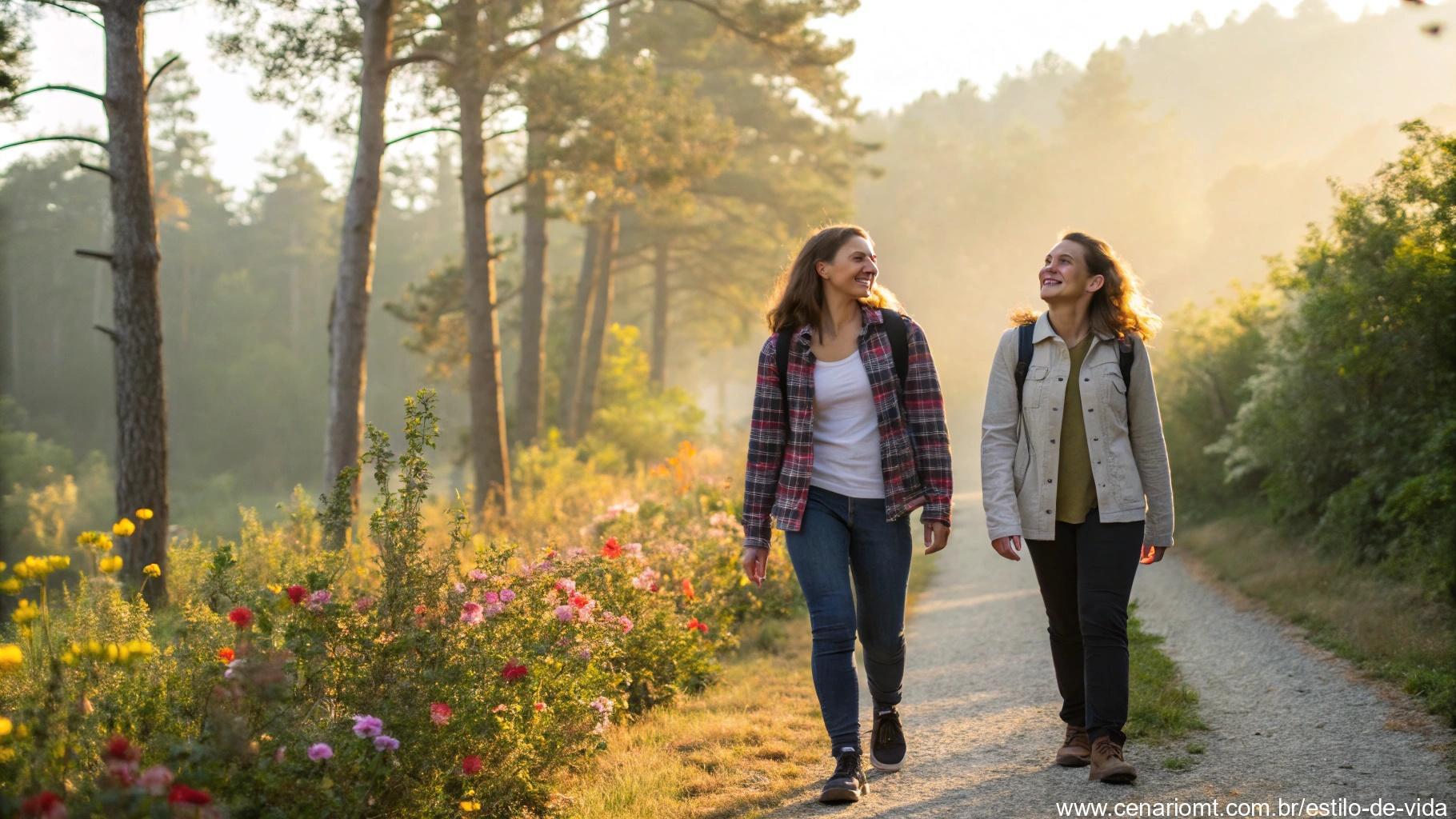 Dois amigos caminhando na natureza com esperança renovada e amizade