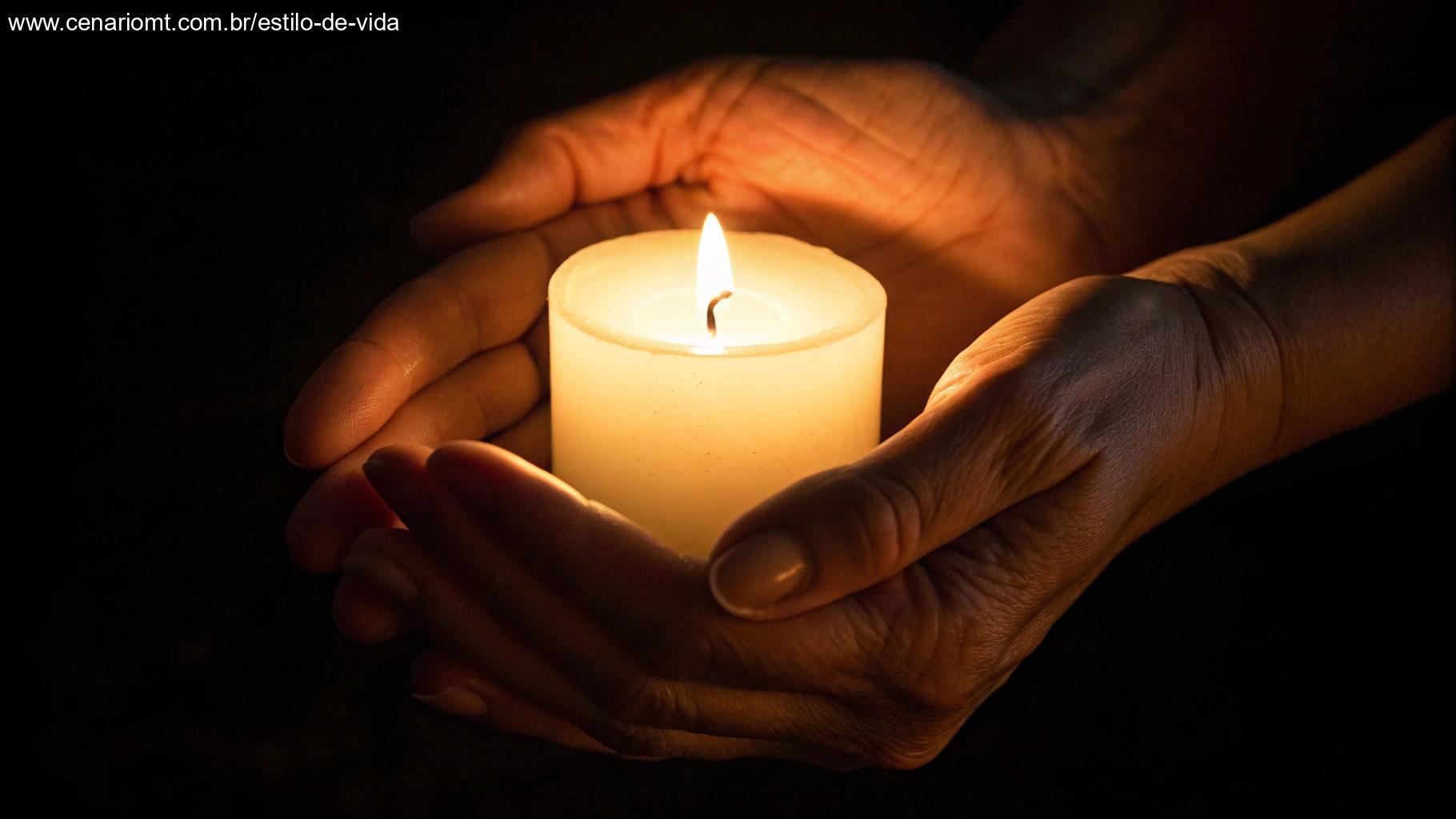 Mãos segurando delicadamente uma vela acesa em um espaço escuro