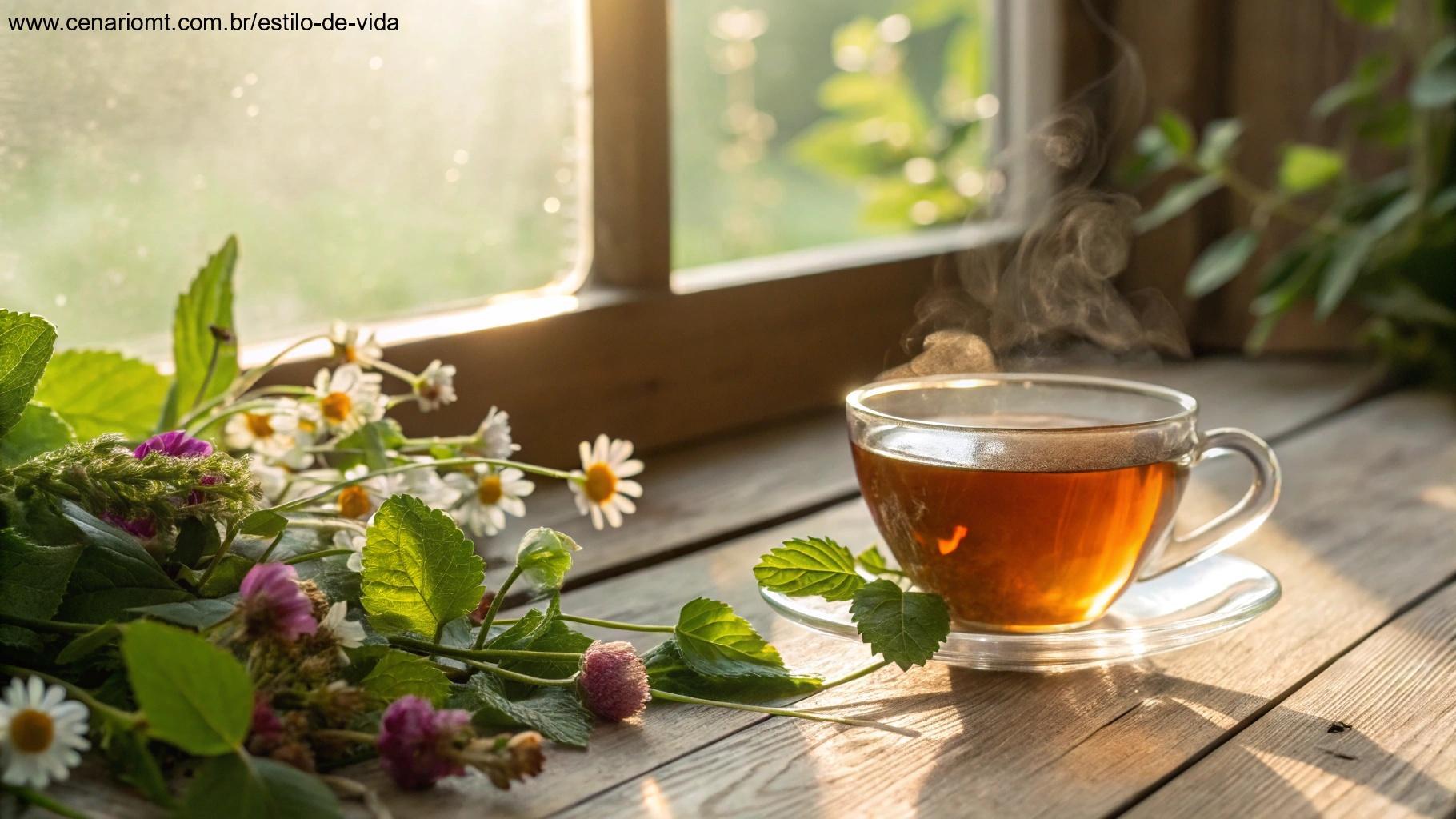 Xícara de chá de ervas em uma mesa de madeira com folhas e flores frescas ao redor, luz do sol entrando pela janela