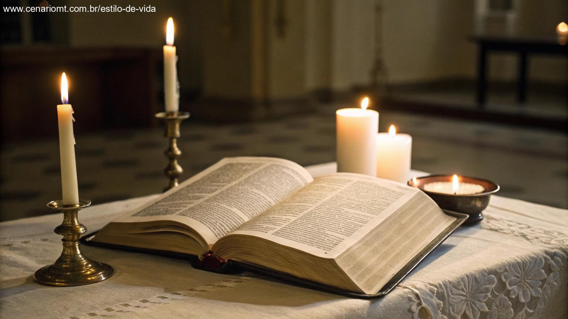 Imagem simbólica de uma Bíblia aberta sobre uma mesa, com velas acesas e sombras suaves, representando os rituais de fé no sábado.