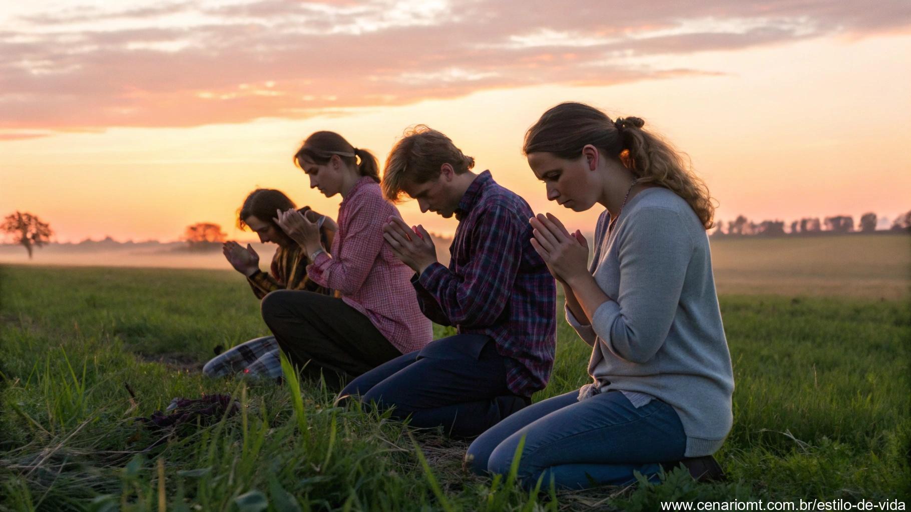 Grupo de pessoas orando ao nascer do sol em sinal de fé e união