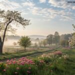 Uma paisagem tranquila de manhã, com luz suave, elementos naturais como árvores e flores, simbolizando um começo de dia abençoado e sereno