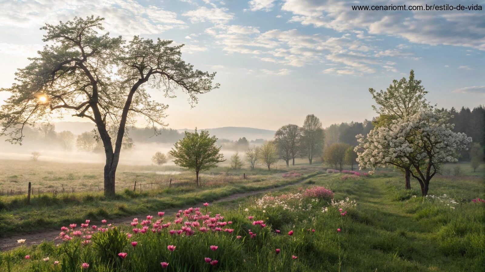 Uma paisagem tranquila de manhã, com luz suave, elementos naturais como árvores e flores, simbolizando um começo de dia abençoado e sereno