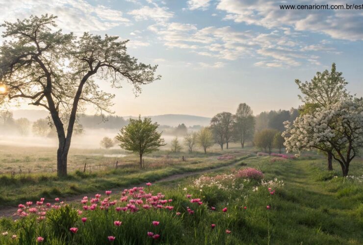 Uma paisagem tranquila de manhã, com luz suave, elementos naturais como árvores e flores, simbolizando um começo de dia abençoado e sereno