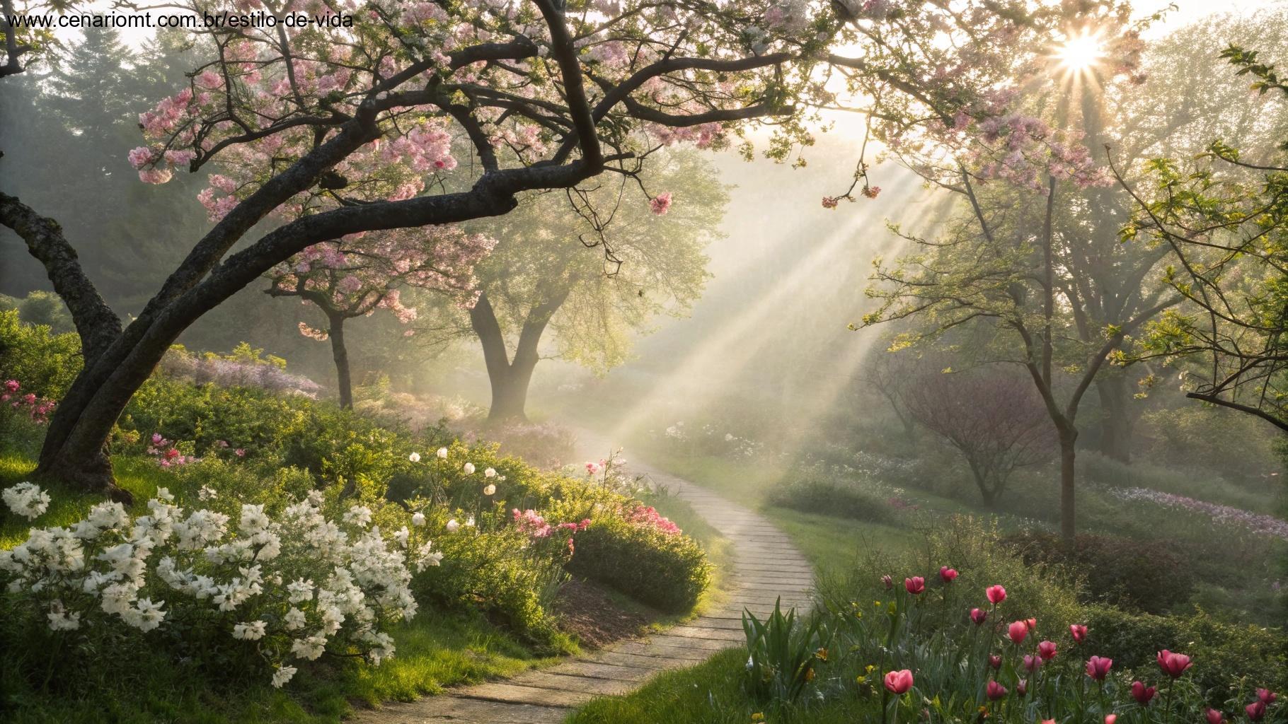 Jardim florido com luz suave representando esperança e renovação