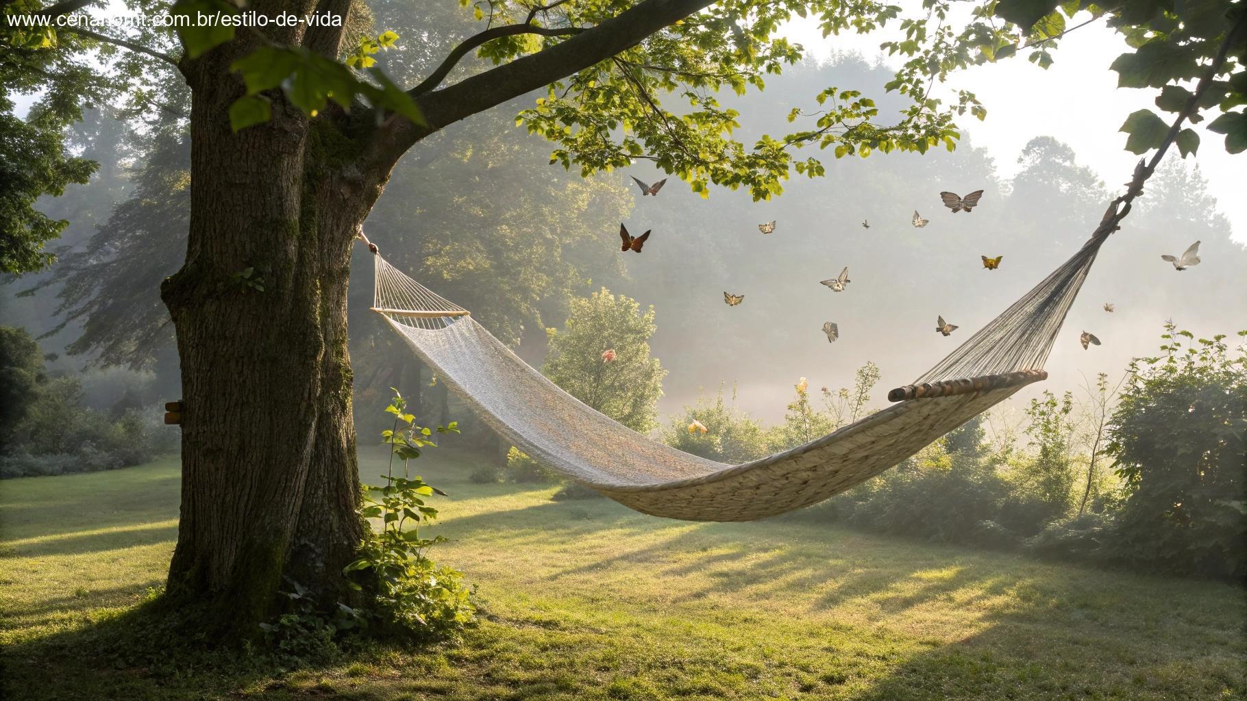 Rede em jardim tranquilo ao sol simbolizando descanso e renovação