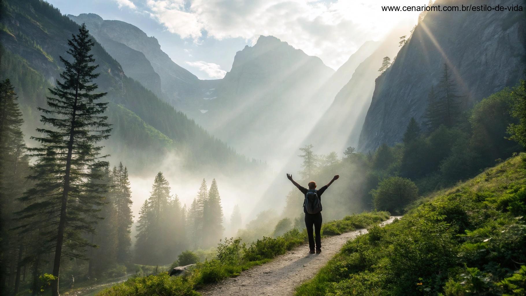 Pessoa confiante ao Senhor em meio à natureza montanhosa, inspirada no Salmo 37:5