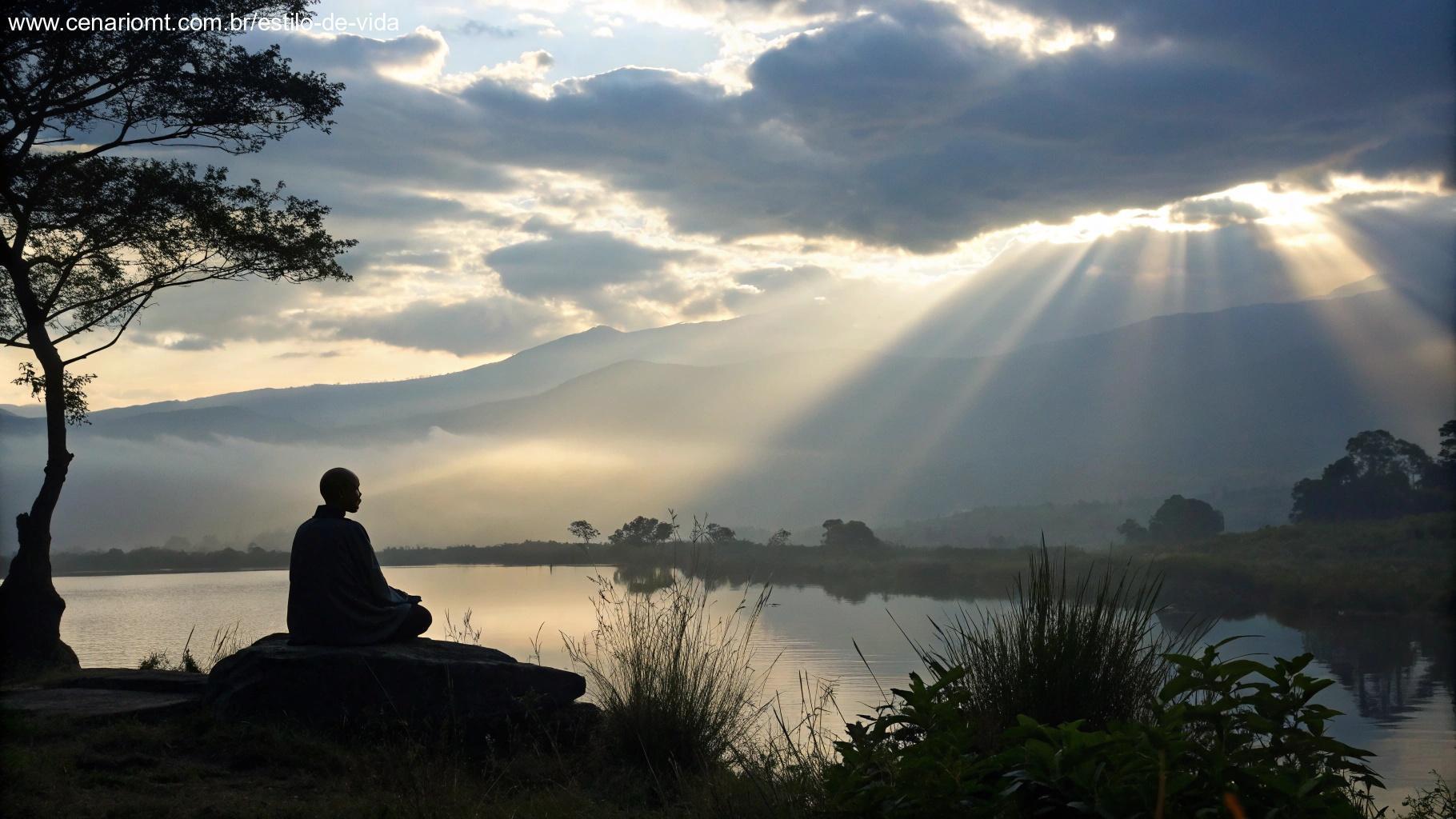 Cena espiritual com luz suave e figura em meditação