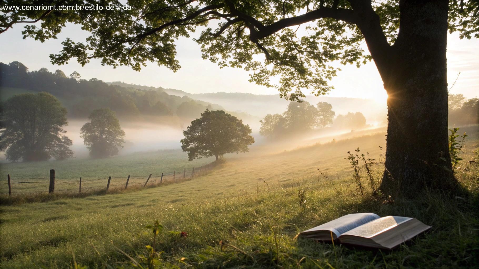 Bíblia aberta em meio ao campo com névoa e luz do sol ao amanhecer