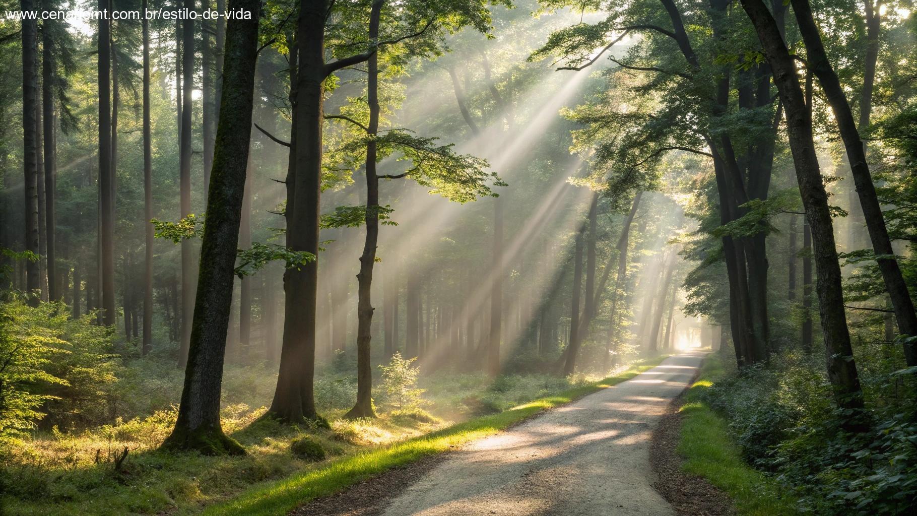 Caminhante em trilha iluminada pelo sol em floresta serena