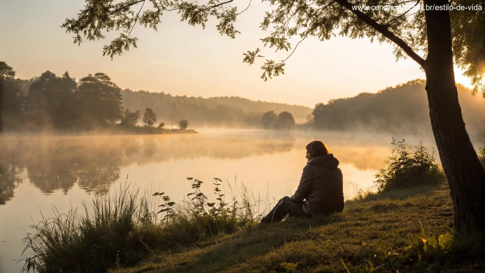 Pessoa em reflexão tranquila à beira de um lago ao amanhecer