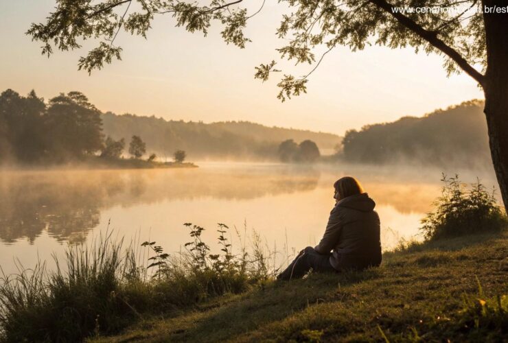 Pessoa em reflexão tranquila à beira de um lago ao amanhecer
