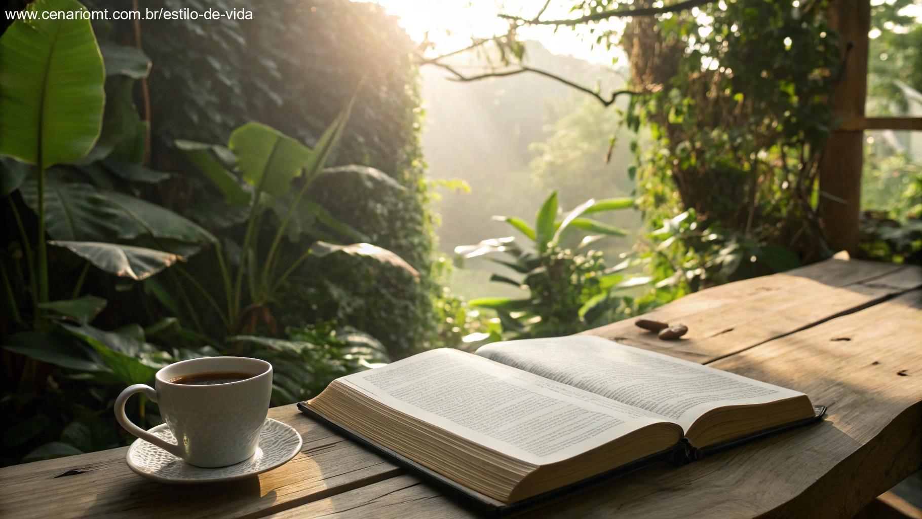 Bíblia aberta sobre mesa com luz natural e plantas ao redor