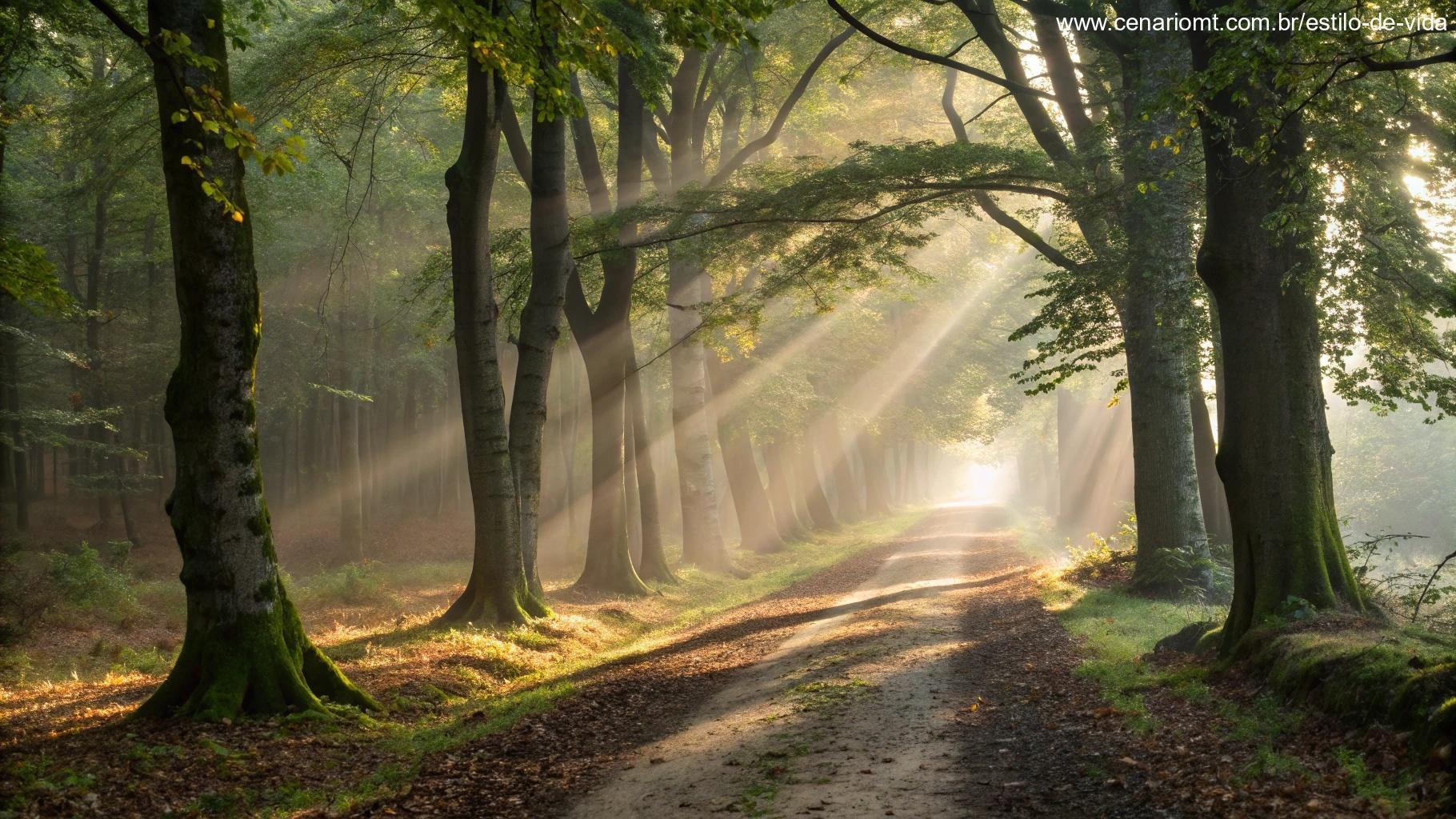 Trilha calma na floresta com luz suave da manhã
