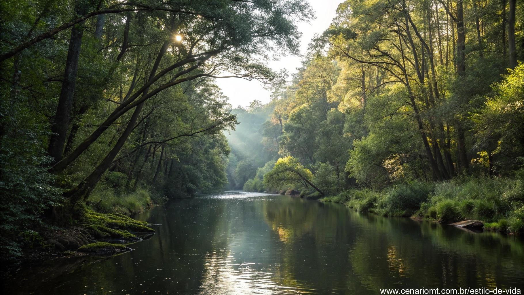 Rio tranquilo fluindo por uma floresta com luz refletida na água.