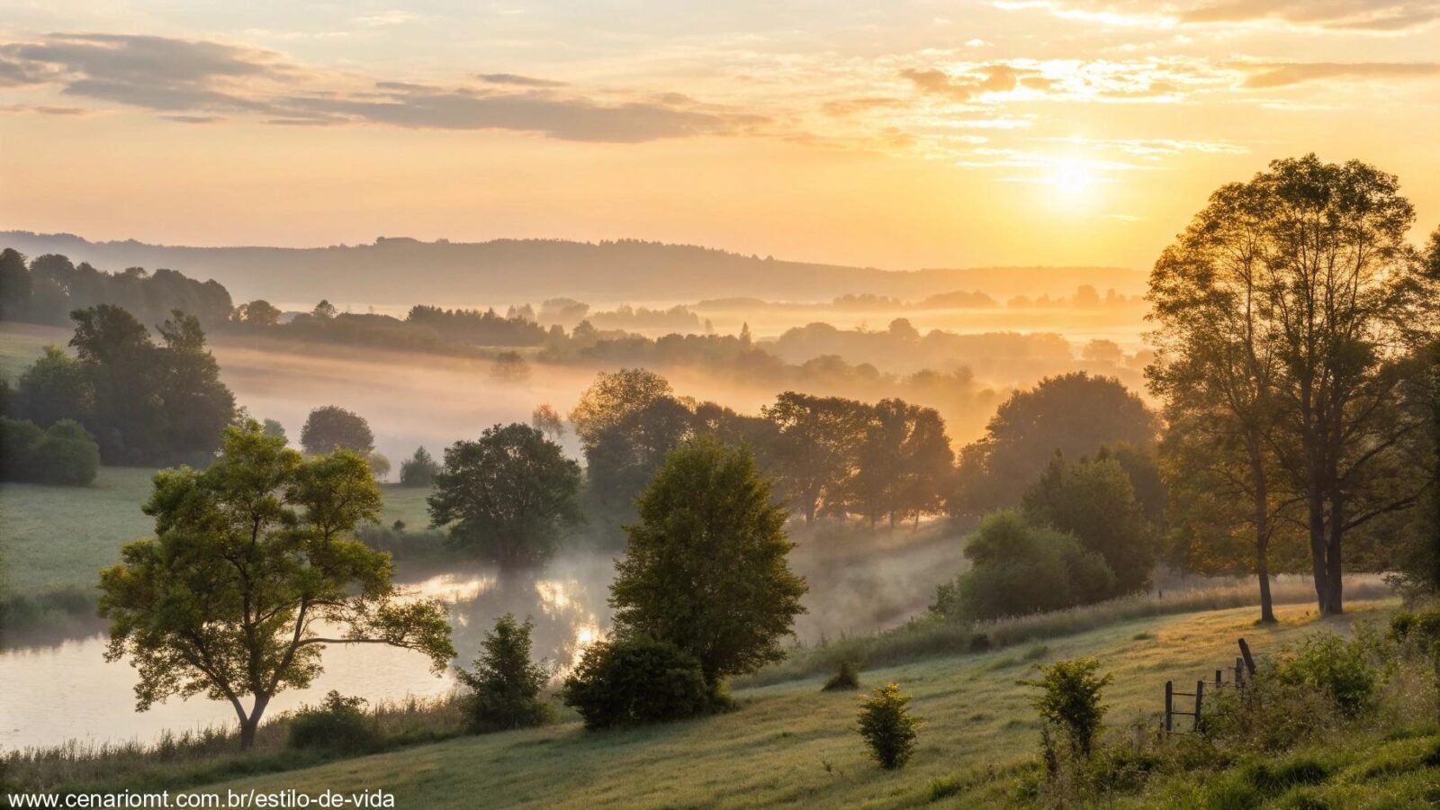 Imagem de um amanhecer pacífico sobre uma paisagem tranquila, simbolizando reflexão e oração.