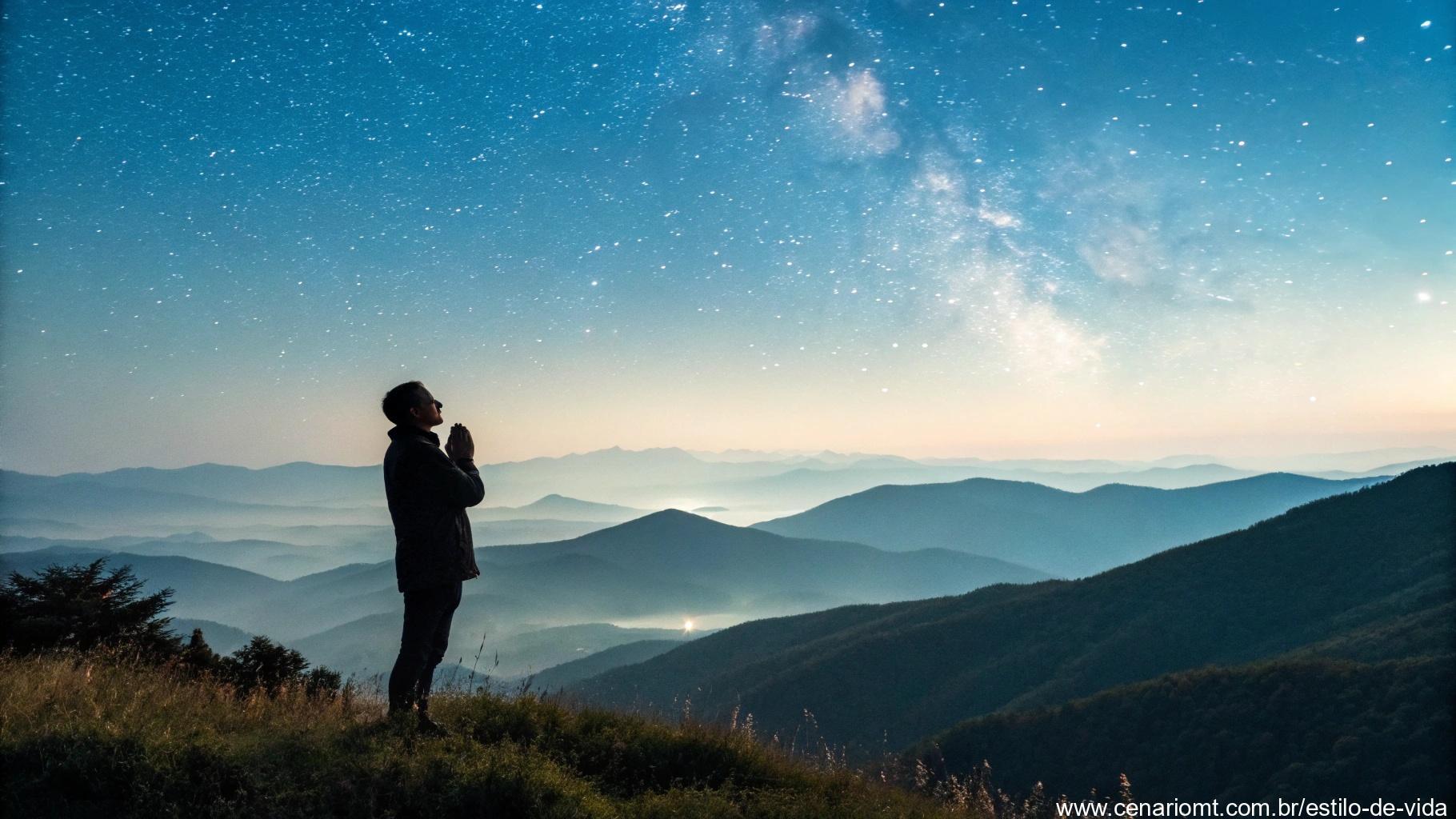 Paisagem montanhosa com pessoa em oração