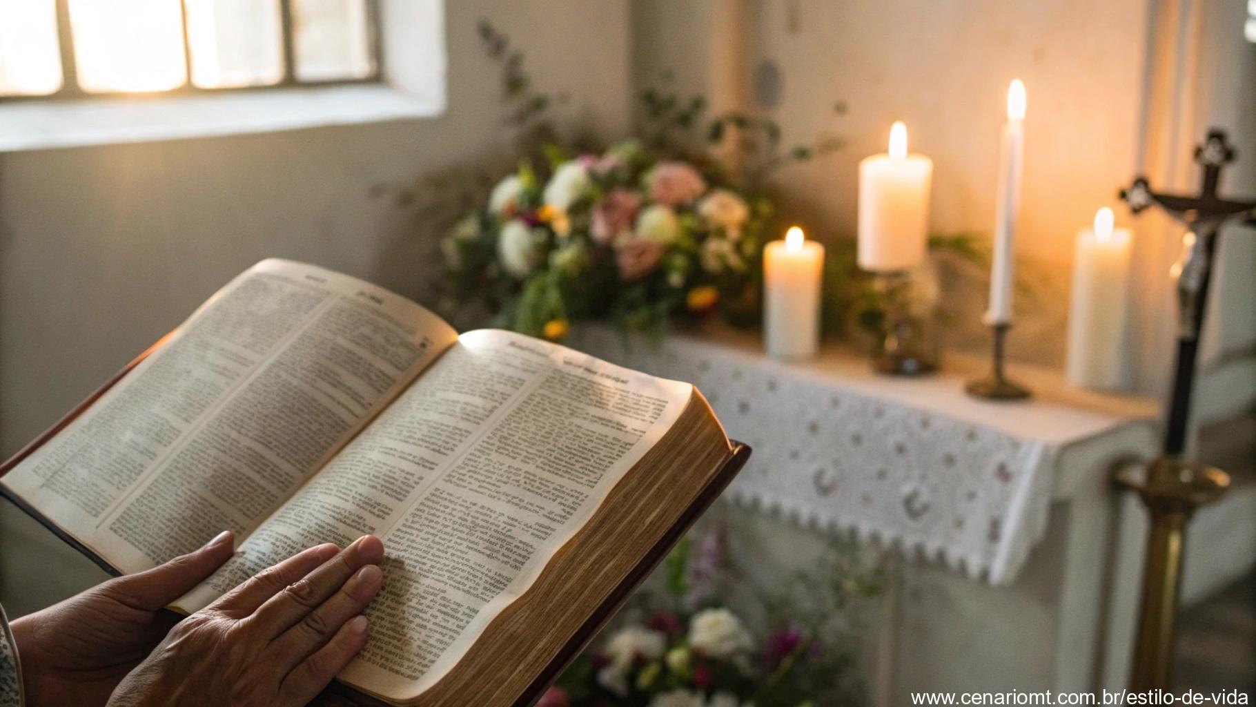 Mão segurando bíblia aberta no livro de Salmos em um canto de oração
