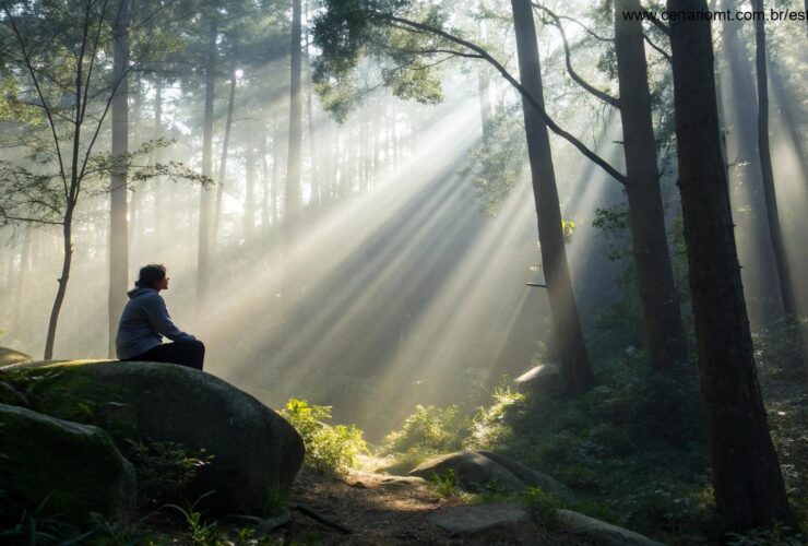 Pessoa lendo a Bíblia em meio à natureza numa manhã tranquila