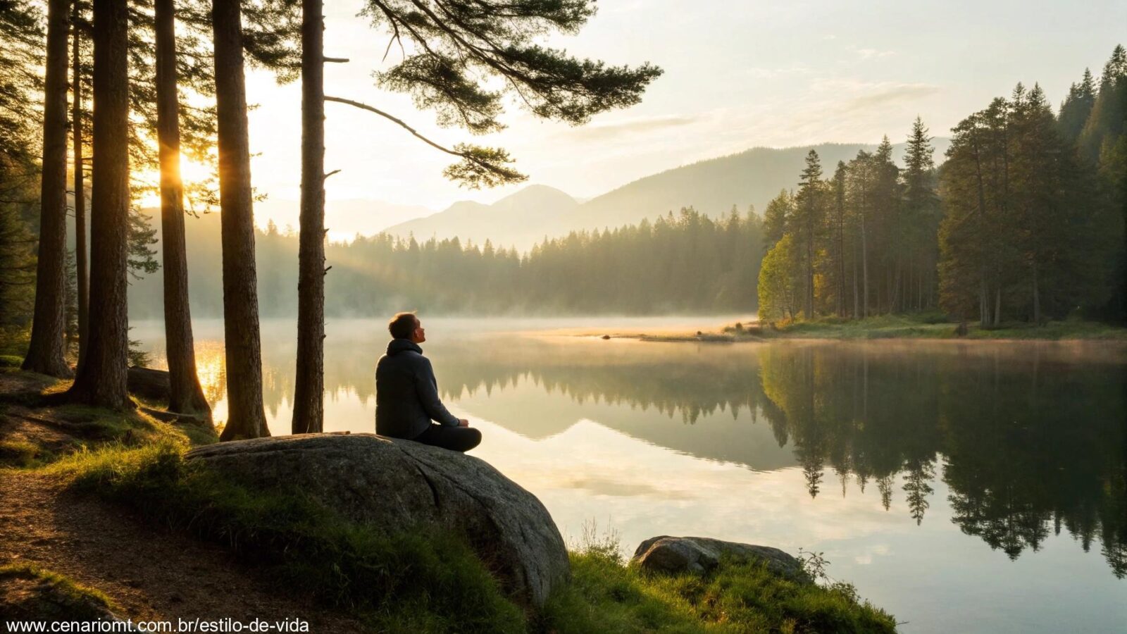 Pessoa meditando em paz próxima a um lago sereno ao amanhecer