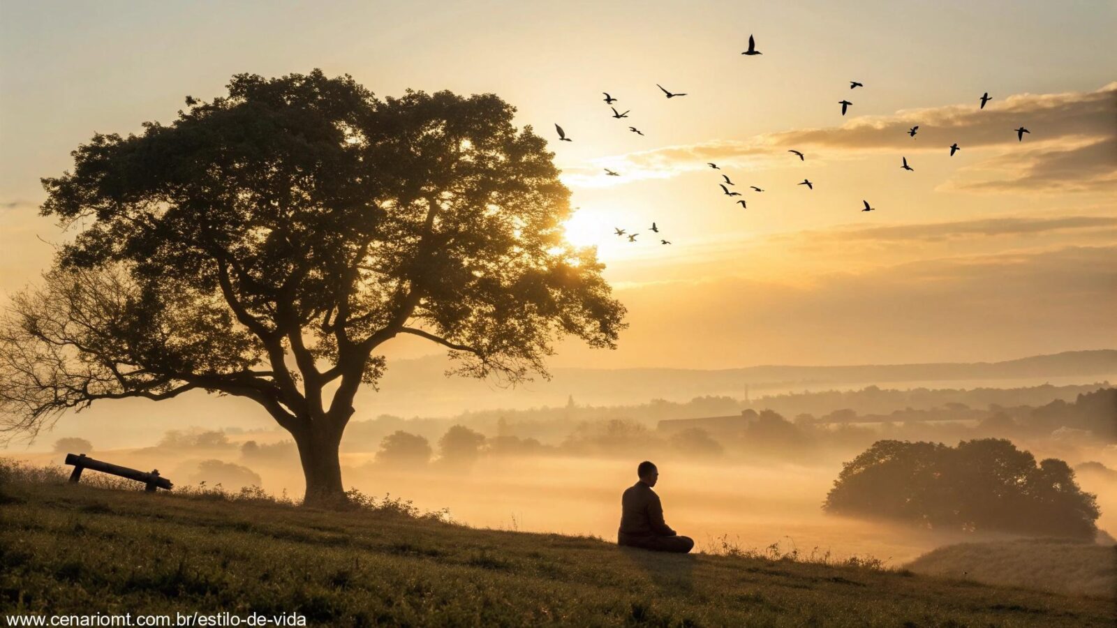Pessoa meditando ao nascer do sol no campo, refletindo sobre o Salmo do dia