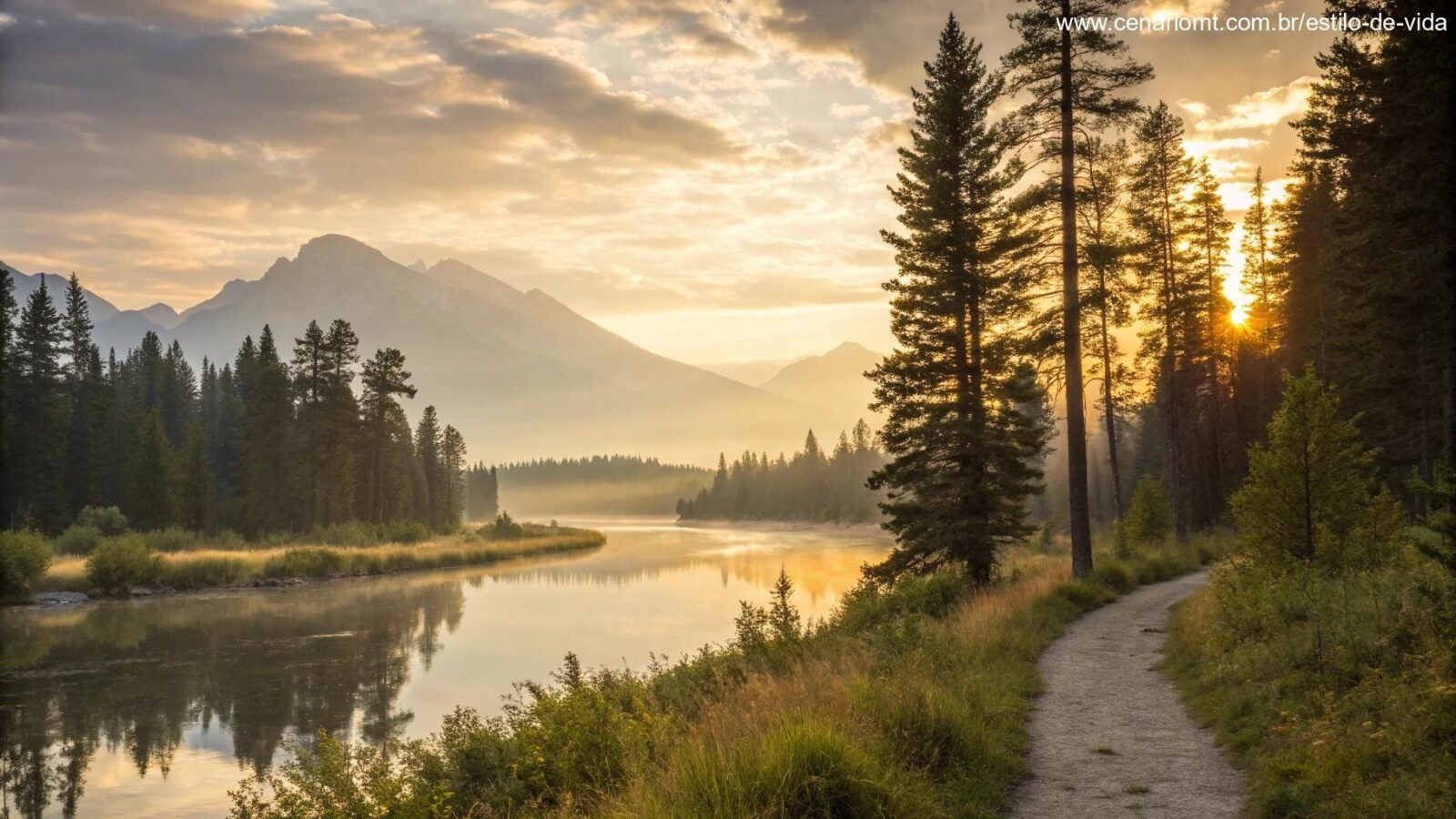 Paisagem serena ao amanhecer com luz dourada suave filtrando por entre árvores altas, um rio calmo refletindo o céu e um caminho que leva a montanhas distantes