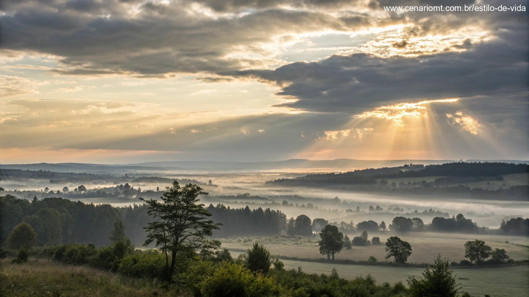 Paisagem serena ao amanhecer, com luz suave atravessando as nuvens, simbolizando renovação espiritual e contemplação.