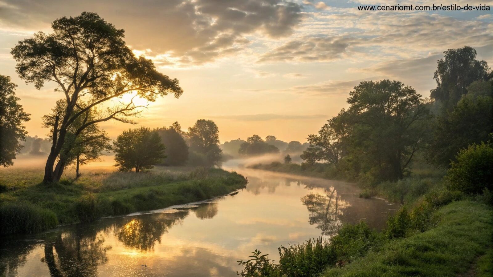 Paisagem serena ao amanhecer com luz dourada suave filtrando através de árvores antigas, um rio tranquilo refletindo o céu e uma sensação de paz divina