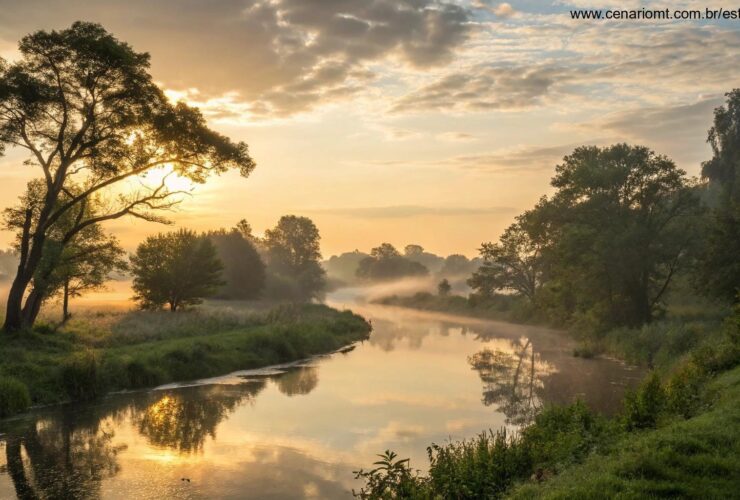 Paisagem serena ao amanhecer com luz dourada suave filtrando através de árvores antigas, um rio tranquilo refletindo o céu e uma sensação de paz divina