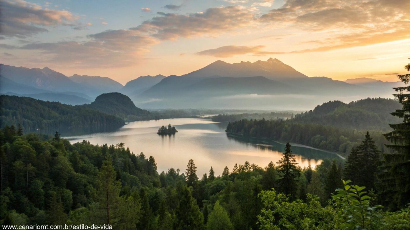 Paisagem tranquila ao amanhecer com luz suave iluminando um lago calmo cercado por vegetação e montanhas ao fundo.