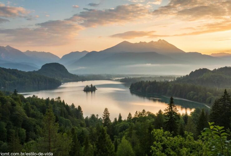 Paisagem tranquila ao amanhecer com luz suave iluminando um lago calmo cercado por vegetação e montanhas ao fundo.
