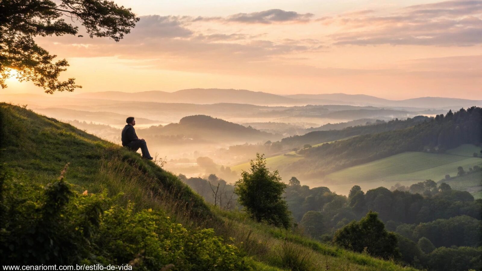 Pessoa orando ao amanhecer em um vale tranquilo, inspirando reflexão sobre o Salmo do Dia